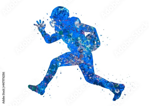 American football player blue watercolor art, abstract sport painting. blue sport art print, watercolor illustration artistic, decoration wall art. © Yahya Art
