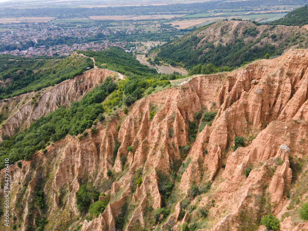 Aerial view of rock formation Stob pyramids, Rila Mountain, Bulgaria