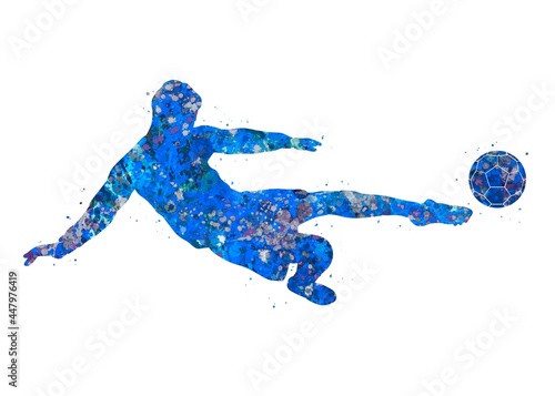 Soccer Player Shoot blue watercolor art, abstract sport painting. blue sport art print, watercolor illustration artistic, decoration wall art. © Yahya Art