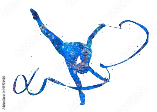 Gymnastics ribbon blue watercolor art, abstract sport painting. blue sport art print, watercolor illustration artistic, decoration wall art.