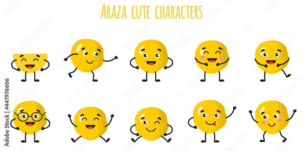 Fototapeta premium Araza fruit cute funny cheerful characters with different poses and emotions.