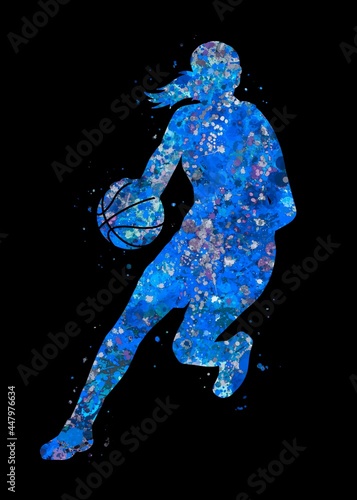 Basketball player girl blue watercolor art black background, abstract sport painting. blue sport art print, watercolor illustration artistic, decoration wall art. © Yahya Art