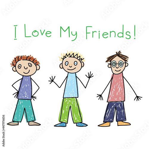 Portrait of three friends. Blond, brunette and red-haired smiling boys. Kids Drawing style. Isolated Vector illustration