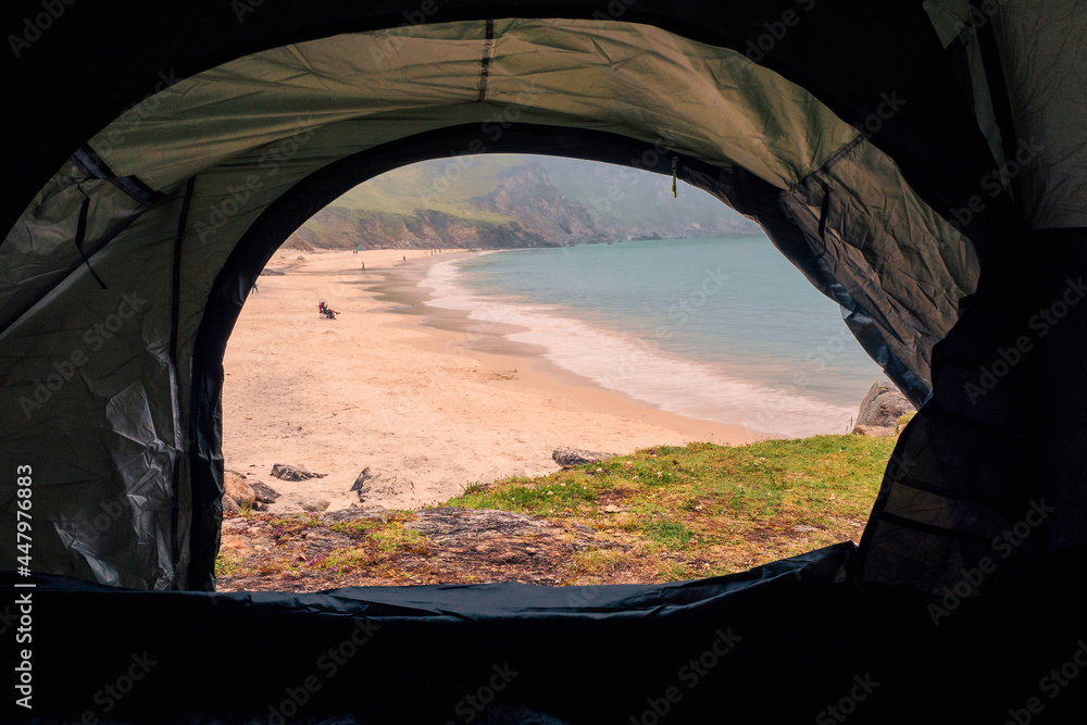View on amazing Keem beach from a tent