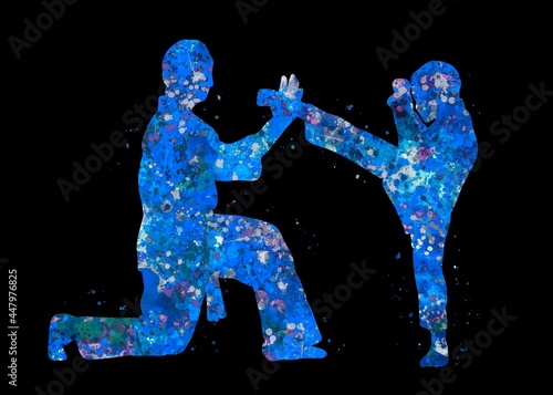 Taekwondo Karate Kids blue watercolor art black background, abstract sport painting. blue sport art print, watercolor illustration artistic, decoration wall art.