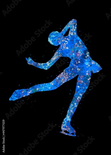 Ice Skater Girl blue watercolor art black background, abstract sport painting. blue sport art print, watercolor illustration artistic, decoration wall art.