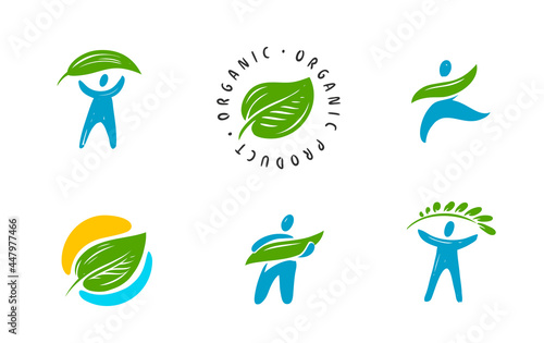 Eco, organic icon set. Human with green leaves symbol. Ecology, environment concept vector illustration photo