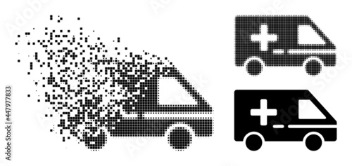 Disappearing pixelated medical emergency car glyph with destruction effect  and halftone vector symbol.