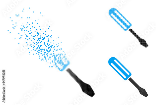 Destructed pixelated screwdriver icon with wind effect, and halftone vector image. Pixelated degradation effect for screwdriver demonstrates speed and motion of cyberspace things.