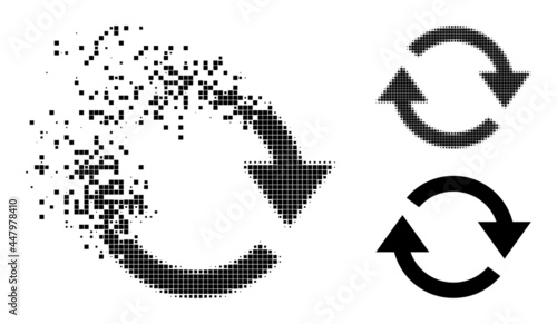 Broken pixelated refresh glyph with destruction effect, and halftone vector image. Pixelated dematerialization effect for refresh gives speed and movement of cyberspace objects.