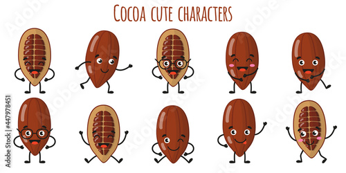 Cocoa fruit cute funny cheerful characters with different poses and emotions.