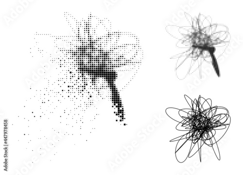Dispersed pixelated string mess glyph with wind effect, and halftone vector icon. Pixelated mist effect for string mess reproduces speed and movement of cyberspace items.