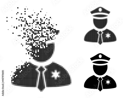 Dissipated pixelated police guy icon with wind effect, and halftone vector icon. Pixelated abrasion effect for police guy gives speed and motion of cyberspace objects.