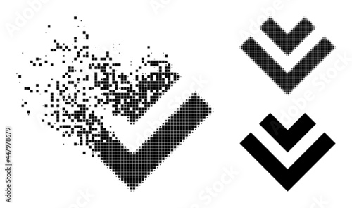 Dissolving pixelated shift down pictogram with wind effect, and halftone vector pictogram. Pixelated degradation effect for shift down demonstrates speed and motion of cyberspace matter.