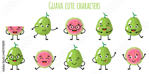 Guava fruit cute funny cheerful characters with different poses and emotions.