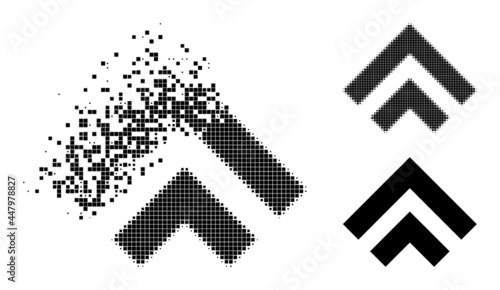 Erosion dotted shift up icon with destruction effect, and halftone vector icon. Pixelated destruction effect for shift up shows speed and movement of cyberspace items.