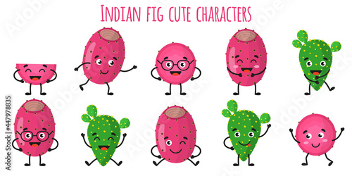 Indian fig fruit cute funny cheerful characters with different poses and emotions.