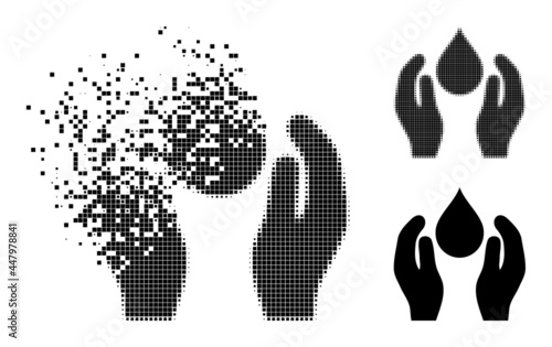 Disappearing dot water care glyph with destruction effect, and halftone vector pictogram. Pixelated destruction effect for water care reproduces speed and motion of cyberspace objects.