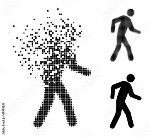 Shredded pixelated pedestrian glyph with destruction effect, and halftone vector symbol. Pixelated dissolving effect for pedestrian demonstrates speed and movement of cyberspace objects.