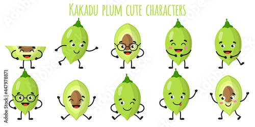 Kakadu plum fruit cute funny cheerful characters with different poses and emotions.