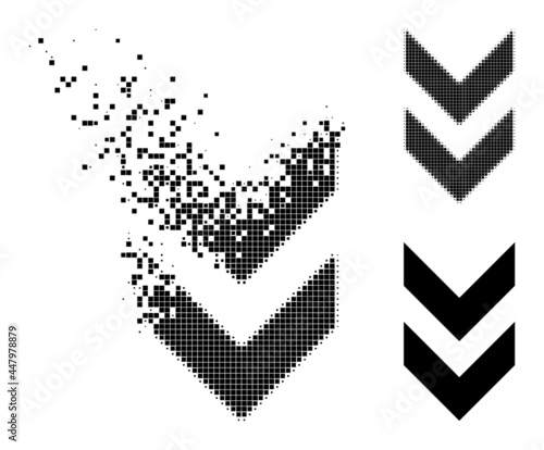 Dissolving dot shift down icon with wind effect, and halftone vector icon. Pixel transformation effect for shift down demonstrates speed and motion of cyberspace items.
