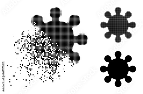Dispersed pixelated gear pictogram with wind effect, and halftone vector symbol. Pixelated explosion effect for gear gives speed and motion of cyberspace things.