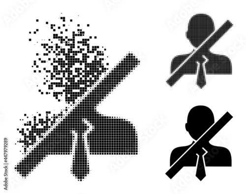 Broken dotted stop gentleman pictogram with destruction effect, and halftone vector pictogram. Pixel degradation effect for stop gentleman shows speed and motion of cyberspace items.