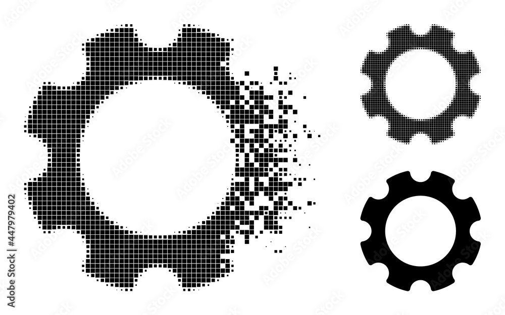 Dissipated pixelated gear glyph with wind effect, and halftone vector icon. Pixelated erosion effect for gear reproduces speed and movement of cyberspace items. Dissipated pixelated gear glyph with wind effect, and halftone vector icon. Pixelated erosion effect for gear reproduces speed and movement of cyberspace items.