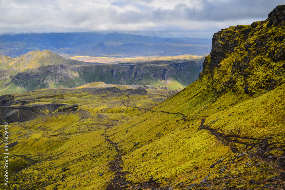 Hiking trail through the beautiful Godaland area of Thórsmörk National Park, Iceland