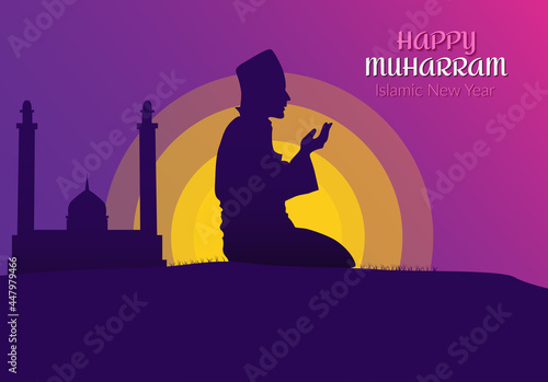 Illustration of vector graphic happy muharram perfect for background and advertising  photo