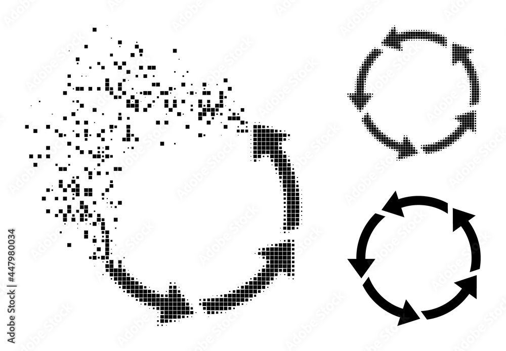 Erosion dotted rotation pictogram with wind effect, and halftone vector pictogram. Pixelated erosion effect for rotation gives speed and movement of cyberspace matter. Erosion dotted rotation pictogram with wind effect, and halftone vector pictogram. Pixelated erosion effect for rotation gives speed and movement of cyberspace matter.