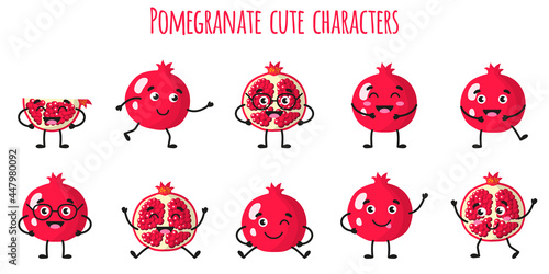 Pomegranate fruit cute funny cheerful characters with different poses and emotions.
