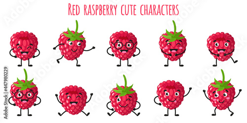 Red raspberry fruit cute funny cheerful characters with different poses and emotions.