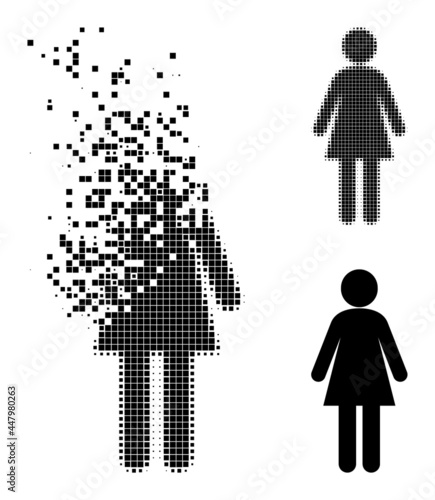Dispersed dotted woman glyph with destruction effect, and halftone vector pictogram. Pixelated destruction effect for woman shows speed and movement of cyberspace items.