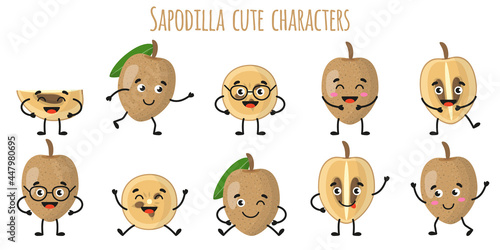 Sapodilla fruit cute funny cheerful characters with different poses and emotions.