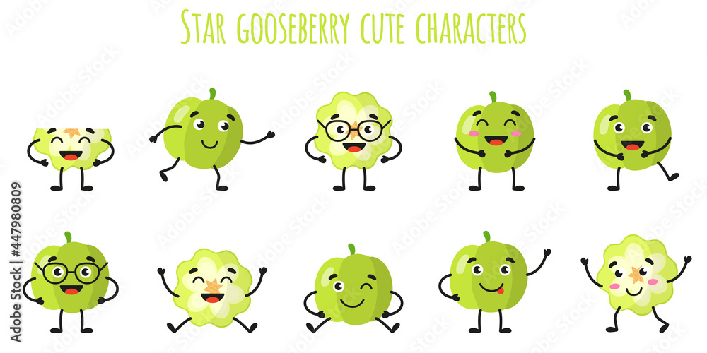 Obraz premium Star gooseberry fruit cute funny cheerful characters with different poses and emotions.