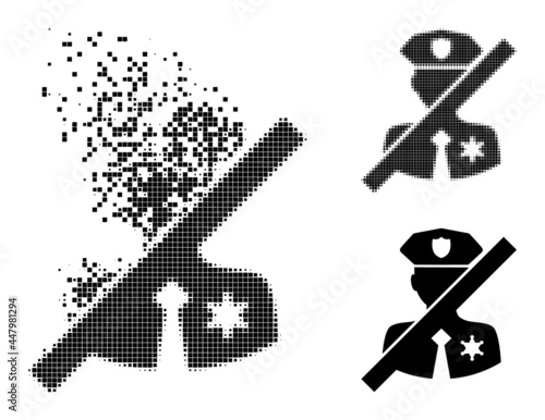 Dissolving dotted no police sheriff pictogram with destruction effect, and halftone vector pictogram. Pixelated dust effect for no police sheriff shows speed and movement of cyberspace concepts.
