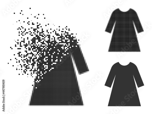 Destructed pixelated woman dress pictogram with destruction effect, and halftone vector composition. Pixelated dispersing effect for woman dress gives speed and motion of cyberspace matter.