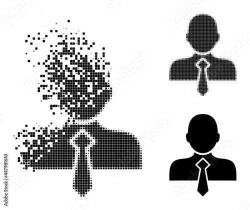 Disappearing dotted office man glyph with destruction effect, and halftone vector icon. Pixel fragmentation effect for office man reproduces speed and movement of cyberspace objects.