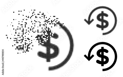 Moving pixelated refund glyph with destruction effect, and halftone vector pictogram. Pixelated explosion effect for refund gives speed and movement of cyberspace items.