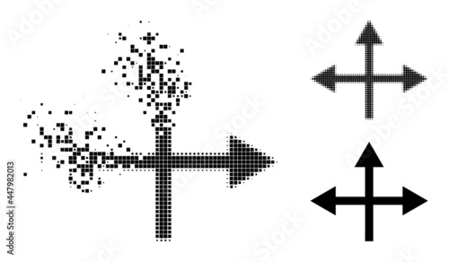 Dust dotted intersection directions icon with destruction effect, and halftone vector image. Pixel dust effect for intersection directions gives speed and movement of cyberspace objects.