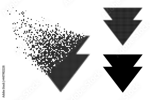 Dissipated pixelated move down pictogram with wind effect, and halftone vector pictogram. Pixelated dematerialization effect for move down reproduces speed and movement of cyberspace items.