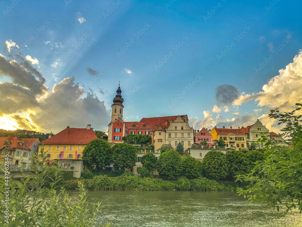 The charming little town of Frohnleiten on the Mur river in the district of Graz-Umgebung, Styria region, Austria