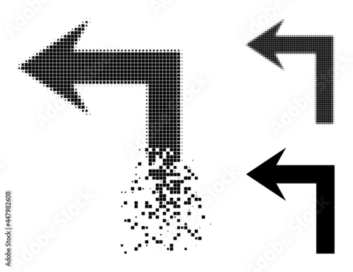 Erosion dot turn left pictogram with wind effect, and halftone vector pictogram. Pixelated defragmentation effect for turn left shows speed and motion of cyberspace objects.