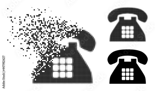 Disappearing dotted tone phone icon with wind effect, and halftone vector icon. Pixelated disappearing effect for tone phone demonstrates speed and motion of cyberspace things.