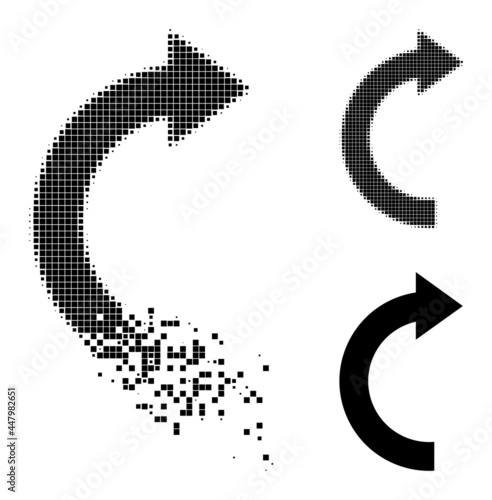 Dissolving pixelated rotate right glyph with destruction effect, and halftone vector icon. Pixel creation effect for rotate right gives speed and motion of cyberspace items.