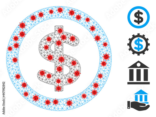 Polygonal finance with lockdown style. Polygonal wireframe finance image in low poly style with combined linear items and red covid nodes. Vector model is created from finance with infectious nodes.