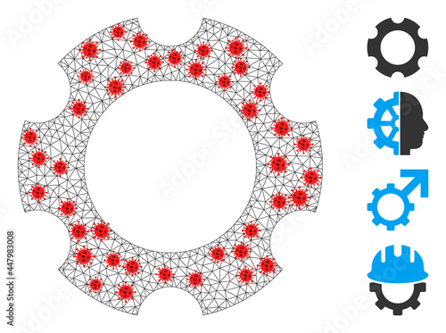 Polygonal gear in lockdown style. Polygonal carcass gear image in low poly style with combined lines and red coronavirus centers. Vector structure is created from gear with coronavirus nodes.