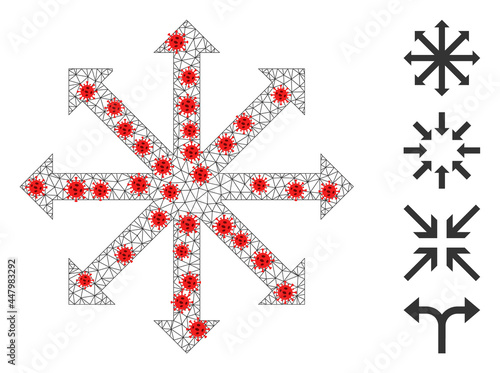 Network expand arrows using infection style. Mesh wireframe expand arrows image in low poly style with connected linear items and red infection centers.