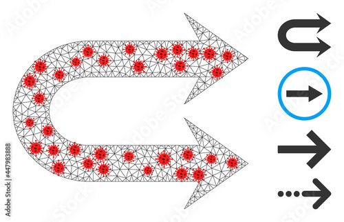 Mesh double right arrow with lockdown style. Mesh carcass double right arrow image in low poly style with combined lines and red virus centers.